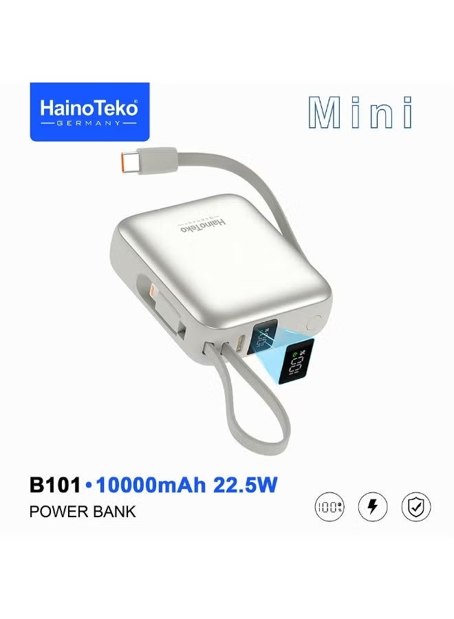 Haino Teko B101 Mini Portable 10000mAh Power Bank with 22.5W Quick Charge, Built-in Type-C & Lightning Cables, Slim Travel Design, Silver, Reliable Backup Power for Smartphones - Image 1
